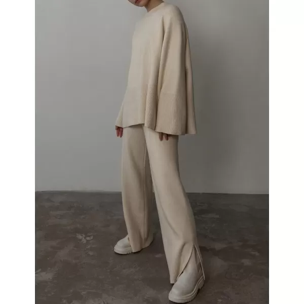Gihuo Womens 2 Piece Knit Outfit Sweater Set Drawstring Elastic Waist Knit Pants Lounge Set Wide Leg Sweater Pants