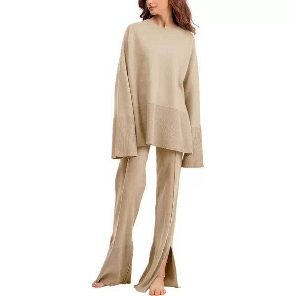 Gihuo Womens 2 Piece Knit Outfit Sweater Set Drawstring Elastic Waist Knit Pants Lounge Set Wide Leg Sweater Pants