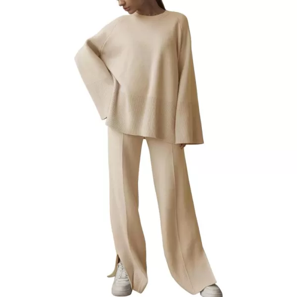 Gihuo Womens 2 Piece Knit Outfit Sweater Set Drawstring Elastic Waist Knit Pants Lounge Set Wide Leg Sweater Pants