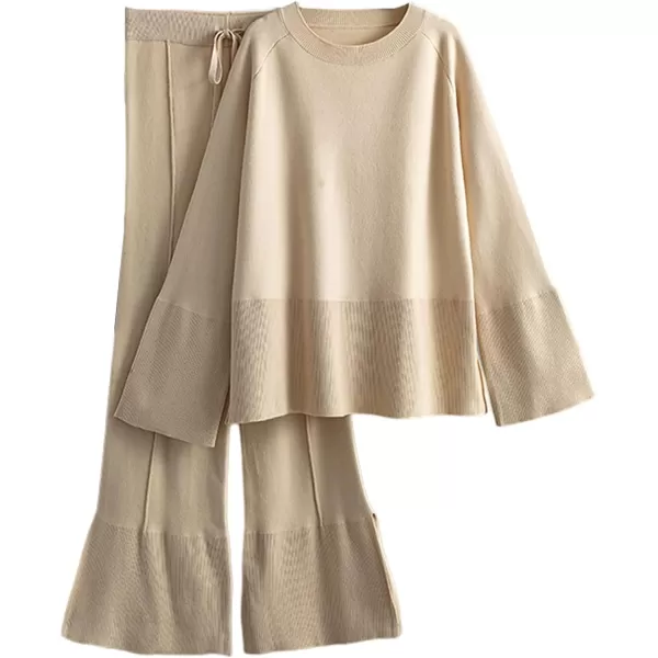 Gihuo Womens 2 Piece Knit Outfit Sweater Set Drawstring Elastic Waist Knit Pants Lounge Set Wide Leg Sweater Pants