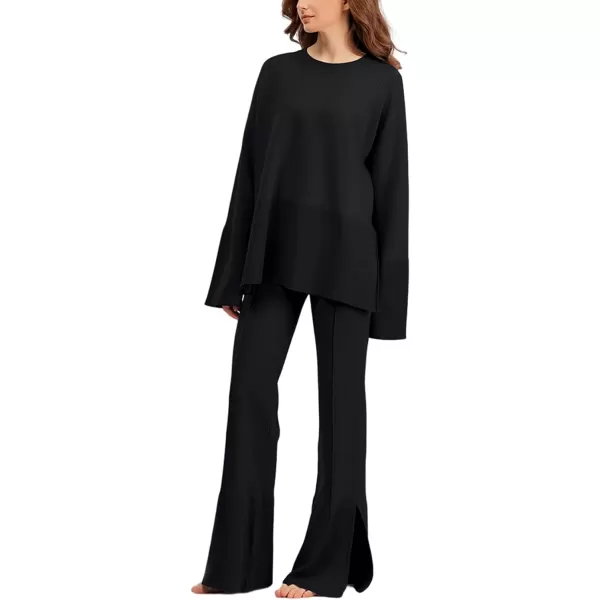 Gihuo Womens 2 Piece Knit Outfit Sweater Set Drawstring Elastic Waist Knit Pants Lounge Set Wide Leg Sweater Pants
