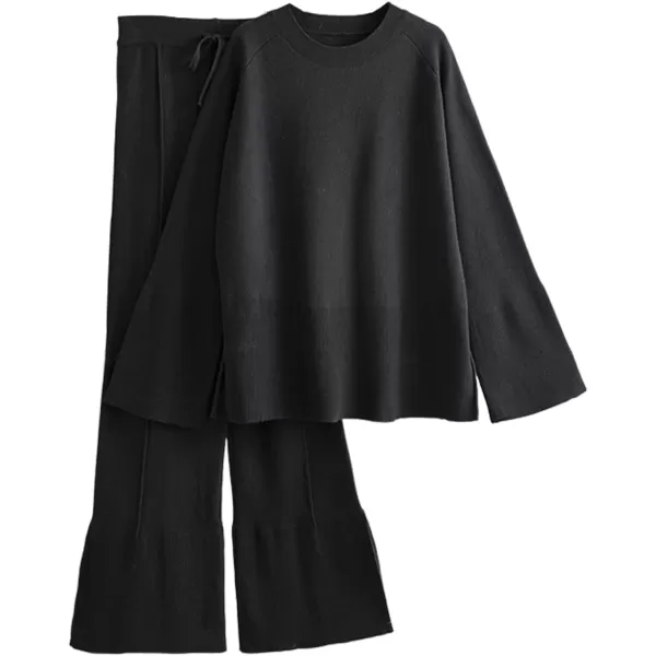 Gihuo Womens 2 Piece Knit Outfit Sweater Set Drawstring Elastic Waist Knit Pants Lounge Set Wide Leg Sweater Pants