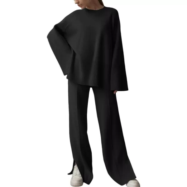 Gihuo Womens 2 Piece Knit Outfit Sweater Set Drawstring Elastic Waist Knit Pants Lounge Set Wide Leg Sweater Pants