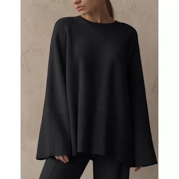 Gihuo Womens 2 Piece Knit Outfit Sweater Set Drawstring Elastic Waist Knit Pants Lounge Set Wide Leg Sweater Pants