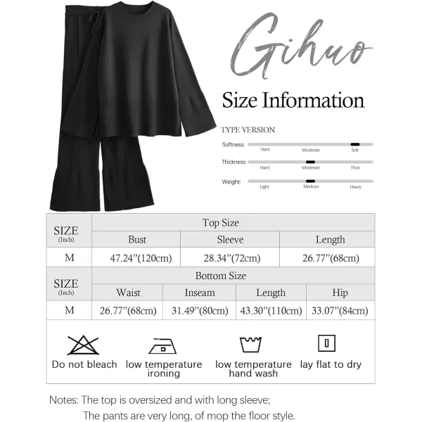 Gihuo Womens 2 Piece Knit Outfit Sweater Set Drawstring Elastic Waist Knit Pants Lounge Set Wide Leg Sweater Pants