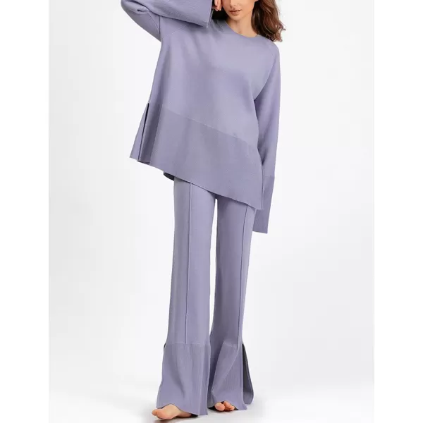 Gihuo Womens 2 Piece Knit Outfit Sweater Set Drawstring Elastic Waist Knit Pants Lounge Set Wide Leg Sweater Pants
