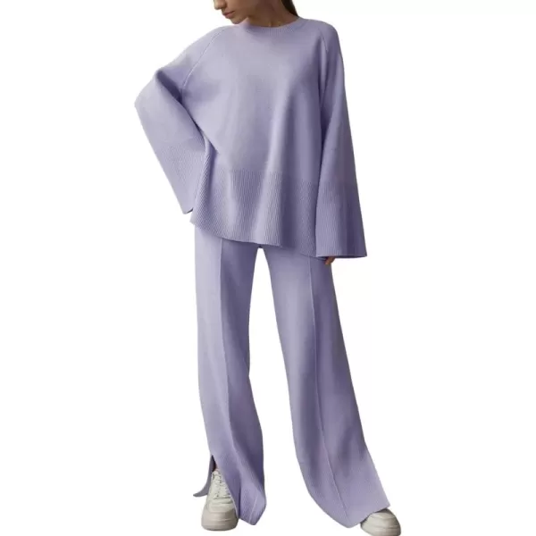 Gihuo Womens 2 Piece Knit Outfit Sweater Set Drawstring Elastic Waist Knit Pants Lounge Set Wide Leg Sweater Pants