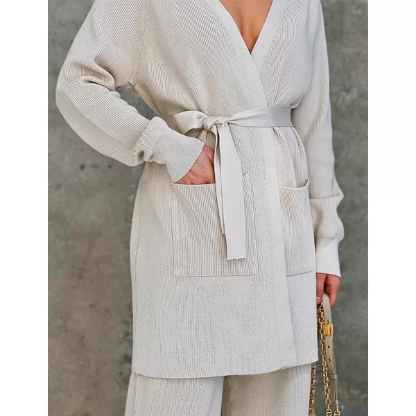 Gihuo Womens 2 Piece Knit Outfit V Neck Sweater Set Elastic Waist Knit Pants Cardigan Sweater Knit Matching Set