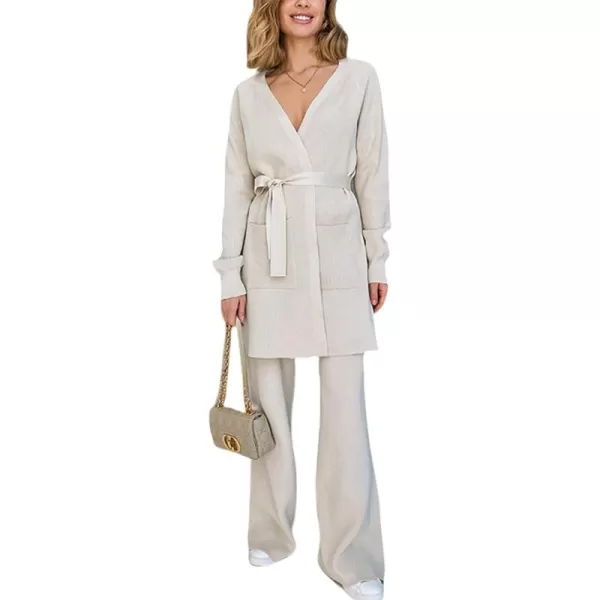 Gihuo Womens 2 Piece Knit Outfit V Neck Sweater Set Elastic Waist Knit Pants Cardigan Sweater Knit Matching Set