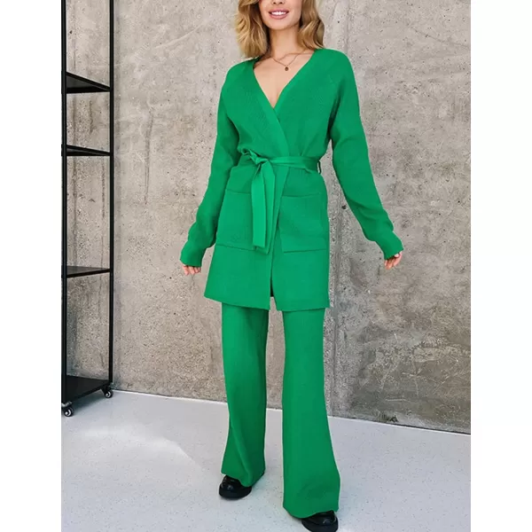 Gihuo Womens 2 Piece Knit Outfit V Neck Sweater Set Elastic Waist Knit Pants Cardigan Sweater Knit Matching Set