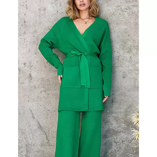 Gihuo Womens 2 Piece Knit Outfit V Neck Sweater Set Elastic Waist Knit Pants Cardigan Sweater Knit Matching Set