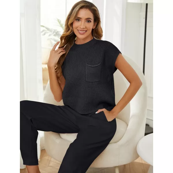 Gihuo Women's 2 Piece Outfits Cozy Knit Pullover Tops High Waisted Pants Sweater Set Lounge Sets with Pockets