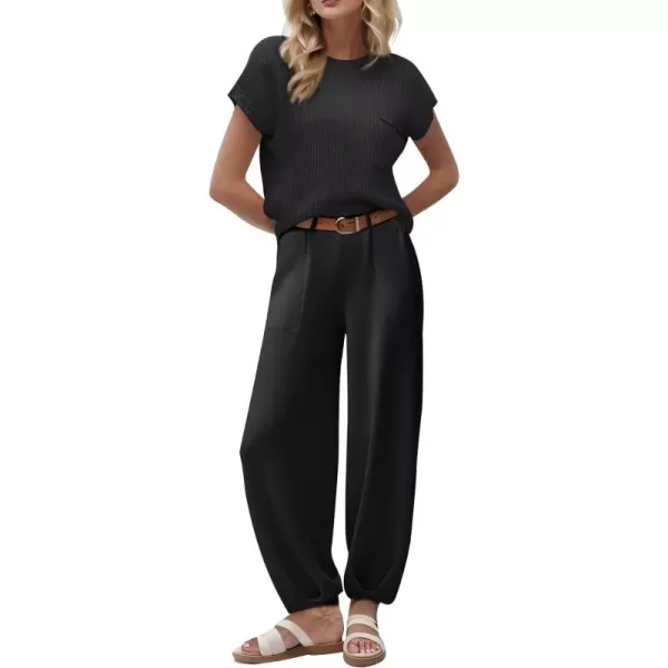 Gihuo Women's 2 Piece Outfits Cozy Knit Pullover Tops High Waisted Pants Sweater Set Lounge Sets with Pockets