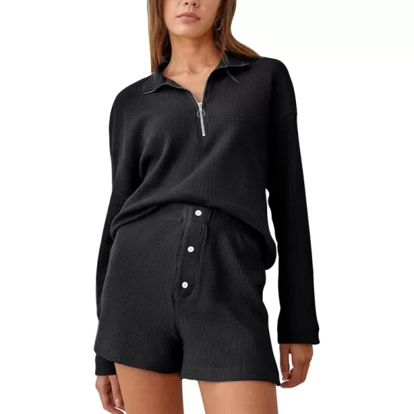 Gihuo Women's 2 Piece Outfits Long Sleeve Waffle Knit Tops High Waisted Shorts Sets Stand Up Collar Sweater Tracksuit