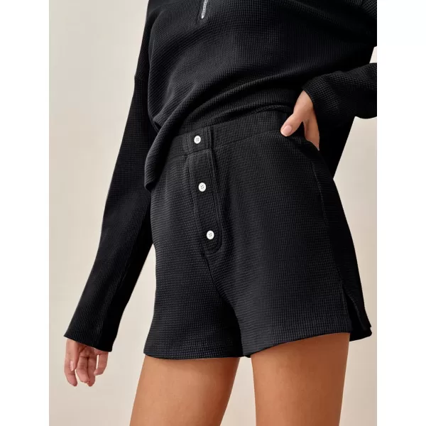 Gihuo Women's 2 Piece Outfits Long Sleeve Waffle Knit Tops High Waisted Shorts Sets Stand Up Collar Sweater Tracksuit