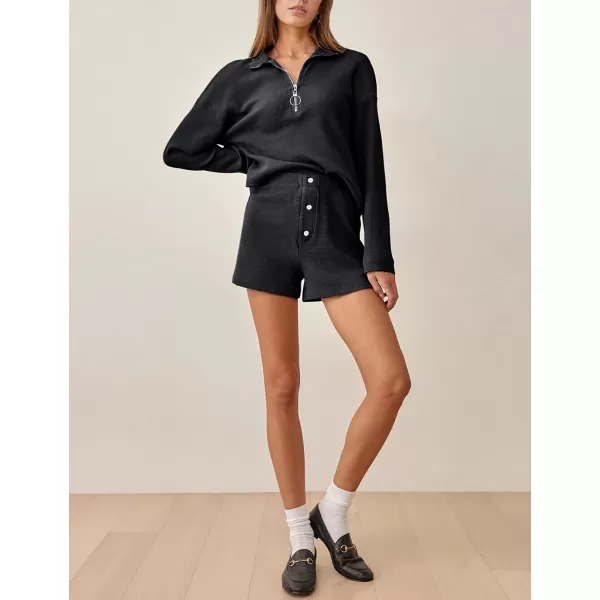 Gihuo Women's 2 Piece Outfits Long Sleeve Waffle Knit Tops High Waisted Shorts Sets Stand Up Collar Sweater Tracksuit