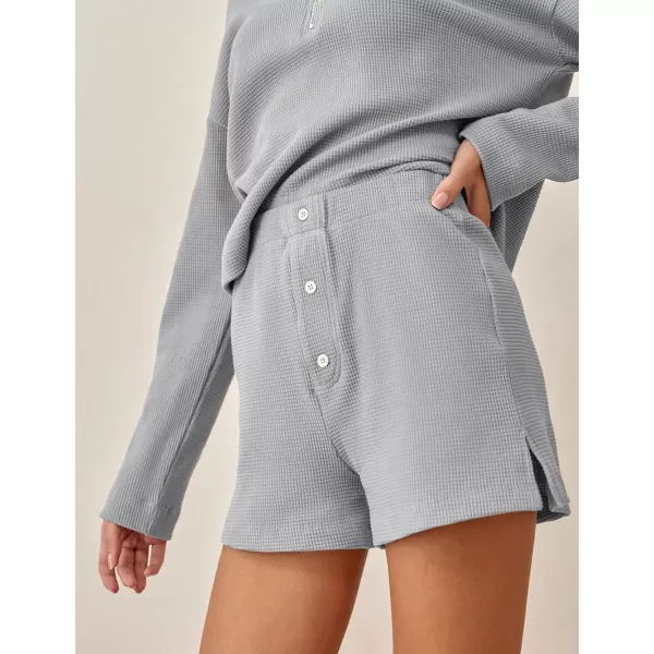 Gihuo Women's 2 Piece Outfits Long Sleeve Waffle Knit Tops High Waisted Shorts Sets Stand Up Collar Sweater Tracksuit