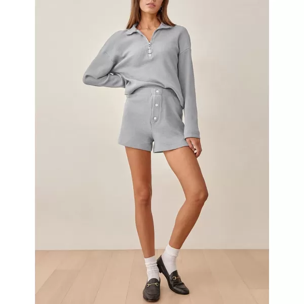 Gihuo Women's 2 Piece Outfits Long Sleeve Waffle Knit Tops High Waisted Shorts Sets Stand Up Collar Sweater Tracksuit
