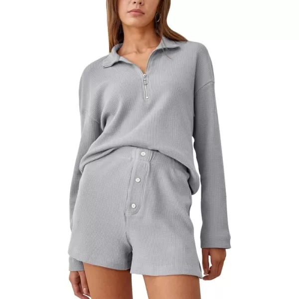 Gihuo Women's 2 Piece Outfits Long Sleeve Waffle Knit Tops High Waisted Shorts Sets Stand Up Collar Sweater Tracksuit