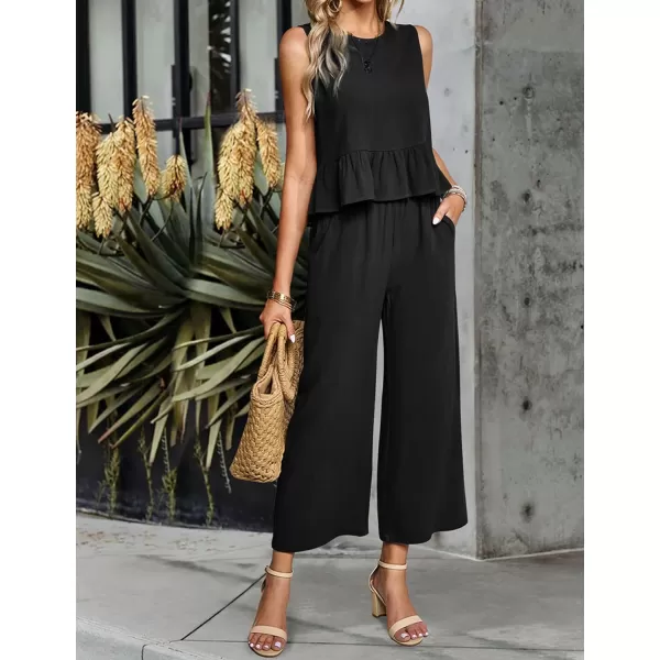 Gihuo Women's 2 Piece Outfits Sleeveless Cropped Ruffle Tank Top High Waisted Wide Leg Pants Matching Sets Summer Suit