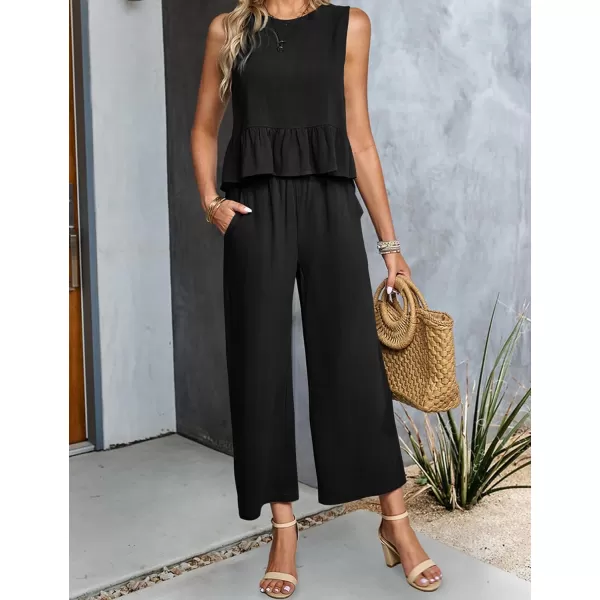 Gihuo Women's 2 Piece Outfits Sleeveless Cropped Ruffle Tank Top High Waisted Wide Leg Pants Matching Sets Summer Suit