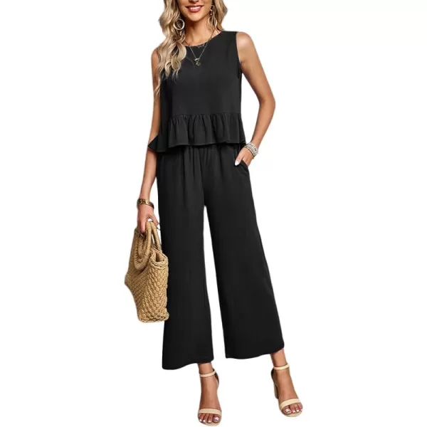 Gihuo Women's 2 Piece Outfits Sleeveless Cropped Ruffle Tank Top High Waisted Wide Leg Pants Matching Sets Summer Suit