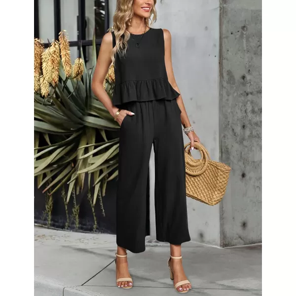 Gihuo Women's 2 Piece Outfits Sleeveless Cropped Ruffle Tank Top High Waisted Wide Leg Pants Matching Sets Summer Suit