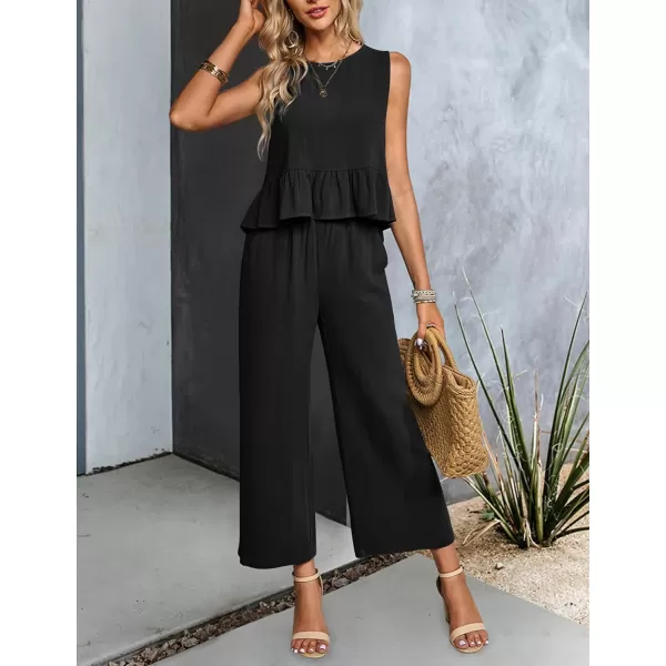 Gihuo Women's 2 Piece Outfits Sleeveless Cropped Ruffle Tank Top High Waisted Wide Leg Pants Matching Sets Summer Suit