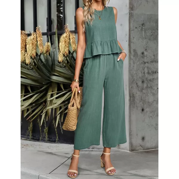 Gihuo Women's 2 Piece Outfits Sleeveless Cropped Ruffle Tank Top High Waisted Wide Leg Pants Matching Sets Summer Suit