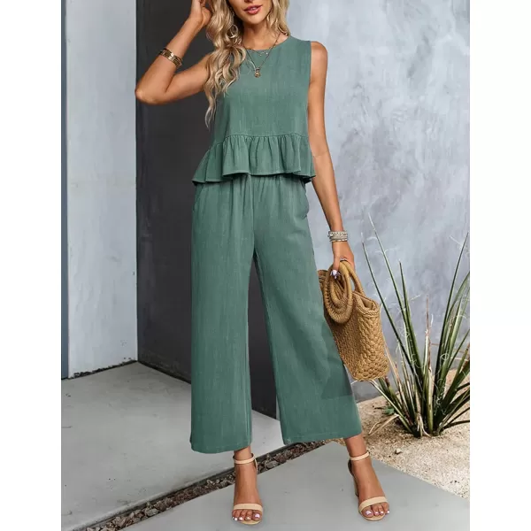 Gihuo Women's 2 Piece Outfits Sleeveless Cropped Ruffle Tank Top High Waisted Wide Leg Pants Matching Sets Summer Suit