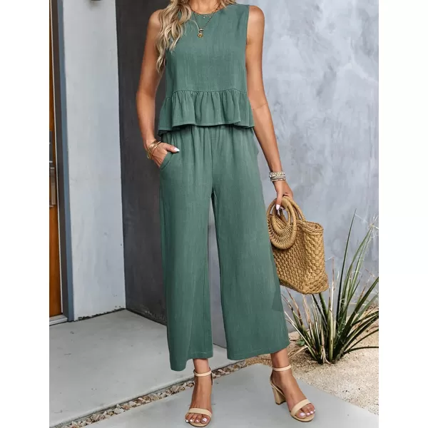 Gihuo Women's 2 Piece Outfits Sleeveless Cropped Ruffle Tank Top High Waisted Wide Leg Pants Matching Sets Summer Suit