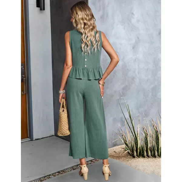 Gihuo Women's 2 Piece Outfits Sleeveless Cropped Ruffle Tank Top High Waisted Wide Leg Pants Matching Sets Summer Suit
