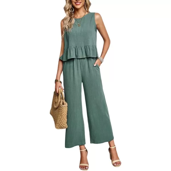 Gihuo Women's 2 Piece Outfits Sleeveless Cropped Ruffle Tank Top High Waisted Wide Leg Pants Matching Sets Summer Suit