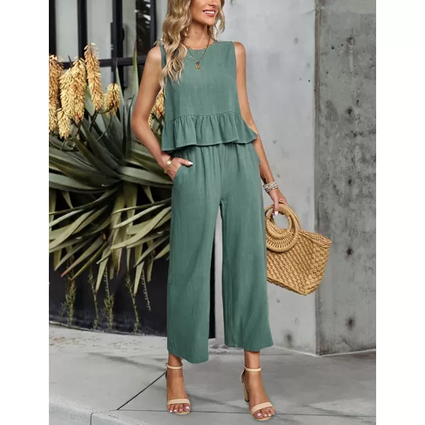 Gihuo Women's 2 Piece Outfits Sleeveless Cropped Ruffle Tank Top High Waisted Wide Leg Pants Matching Sets Summer Suit