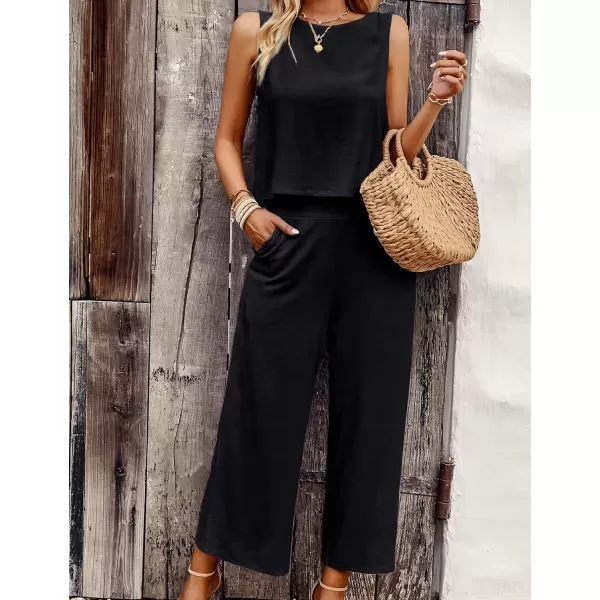 Gihuo Women's 2 Piece Outfits Sleeveless Cropped Tank Top and High Waisted Wide Leg Pants Matching Sets Summer Suit