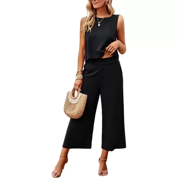 Gihuo Women's 2 Piece Outfits Sleeveless Cropped Tank Top and High Waisted Wide Leg Pants Matching Sets Summer Suit