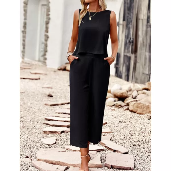 Gihuo Women's 2 Piece Outfits Sleeveless Cropped Tank Top and High Waisted Wide Leg Pants Matching Sets Summer Suit