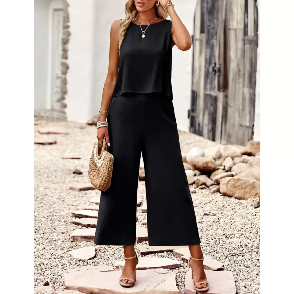 Gihuo Women's 2 Piece Outfits Sleeveless Cropped Tank Top and High Waisted Wide Leg Pants Matching Sets Summer Suit