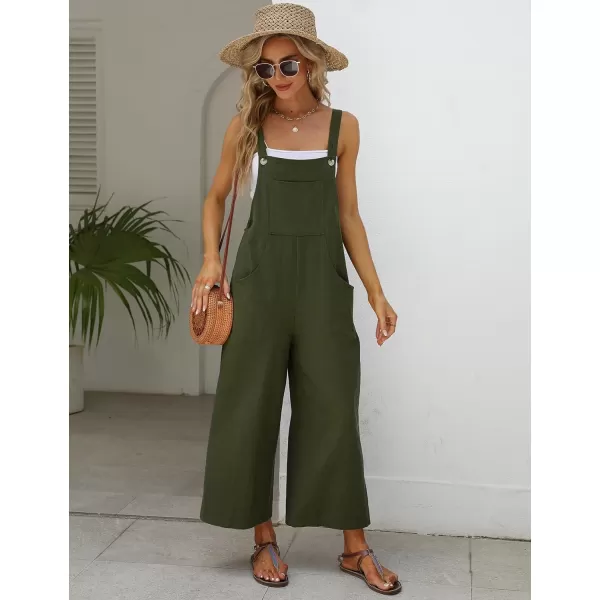 Gihuo Women's Baggy Loose Wide Leg Jumpsuits Cotton Linen Bib Overalls Sleeveless Button Jumpsuit with Pockets