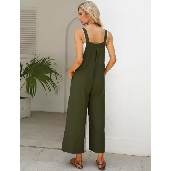 Gihuo Women's Baggy Loose Wide Leg Jumpsuits Cotton Linen Bib Overalls Sleeveless Button Jumpsuit with Pockets