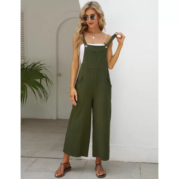 Gihuo Women's Baggy Loose Wide Leg Jumpsuits Cotton Linen Bib Overalls Sleeveless Button Jumpsuit with Pockets