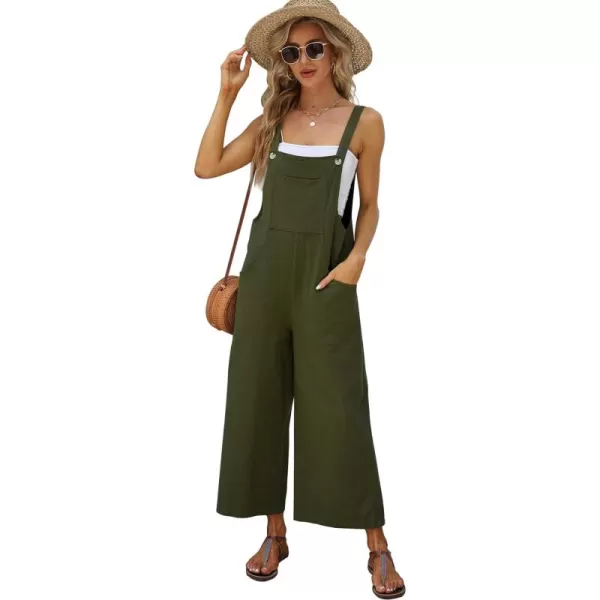Gihuo Women's Baggy Loose Wide Leg Jumpsuits Cotton Linen Bib Overalls Sleeveless Button Jumpsuit with Pockets