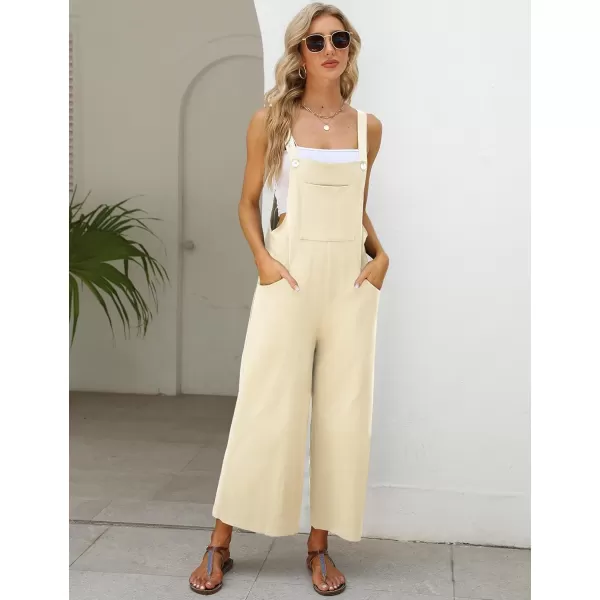Gihuo Women's Baggy Loose Wide Leg Jumpsuits Cotton Linen Bib Overalls Sleeveless Button Jumpsuit with Pockets