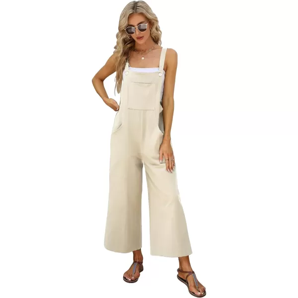 Gihuo Women's Baggy Loose Wide Leg Jumpsuits Cotton Linen Bib Overalls Sleeveless Button Jumpsuit with Pockets