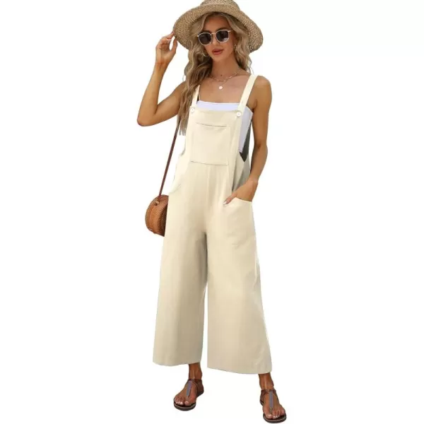 Gihuo Women's Baggy Loose Wide Leg Jumpsuits Cotton Linen Bib Overalls Sleeveless Button Jumpsuit with Pockets
