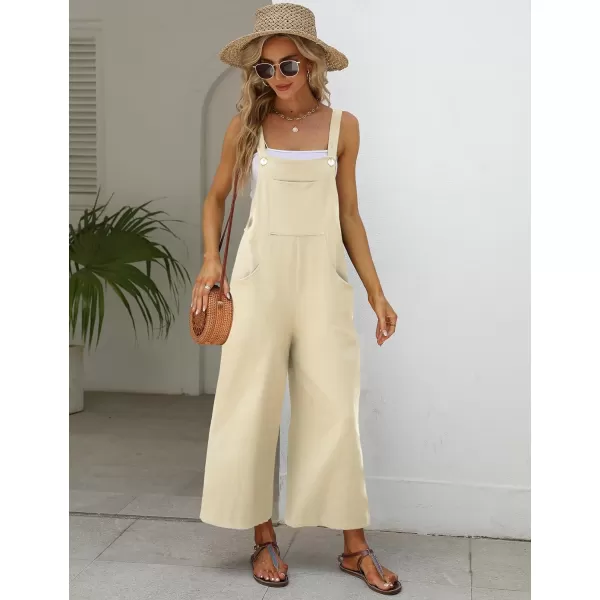 Gihuo Women's Baggy Loose Wide Leg Jumpsuits Cotton Linen Bib Overalls Sleeveless Button Jumpsuit with Pockets