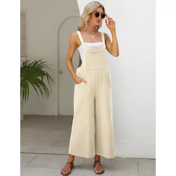 Gihuo Women's Baggy Loose Wide Leg Jumpsuits Cotton Linen Bib Overalls Sleeveless Button Jumpsuit with Pockets
