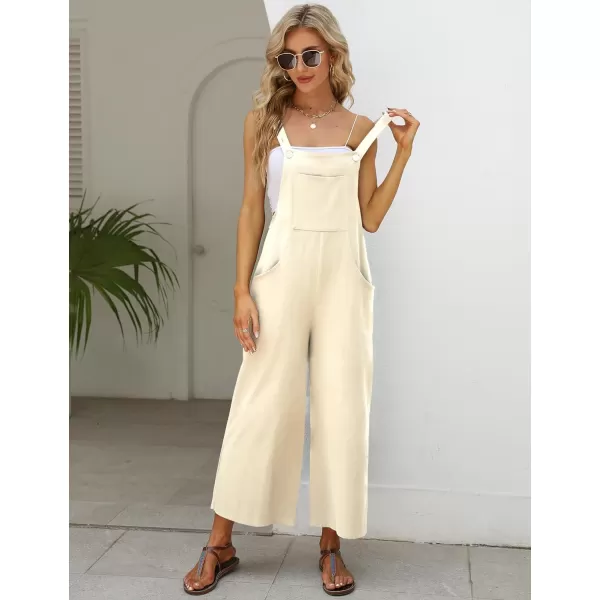 Gihuo Women's Baggy Loose Wide Leg Jumpsuits Cotton Linen Bib Overalls Sleeveless Button Jumpsuit with Pockets