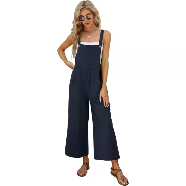 Gihuo Women's Baggy Loose Wide Leg Jumpsuits Cotton Linen Bib Overalls Sleeveless Button Jumpsuit with Pockets