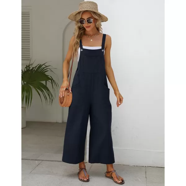 Gihuo Women's Baggy Loose Wide Leg Jumpsuits Cotton Linen Bib Overalls Sleeveless Button Jumpsuit with Pockets